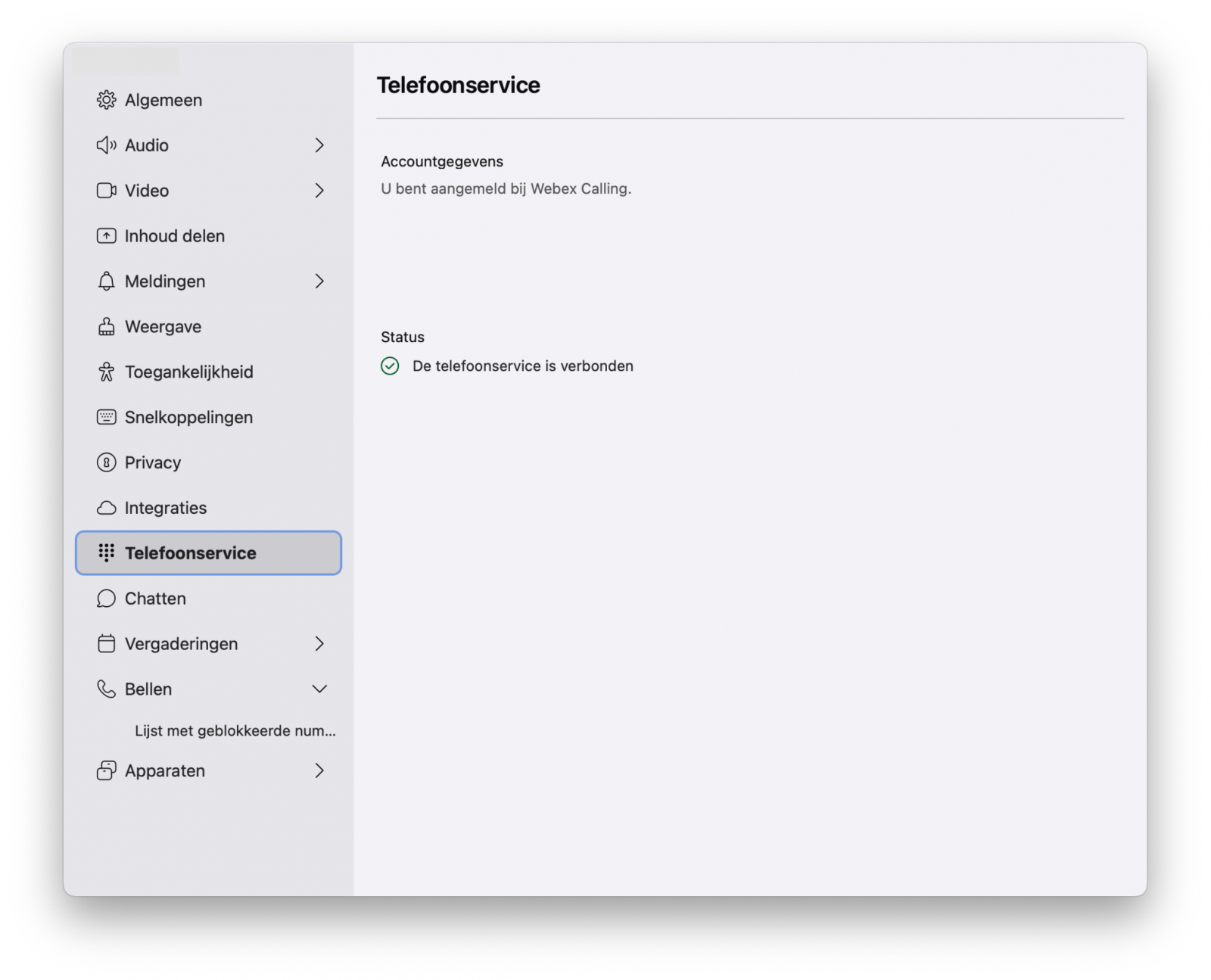 Screenshot instellingen telefoonservice in Webex app