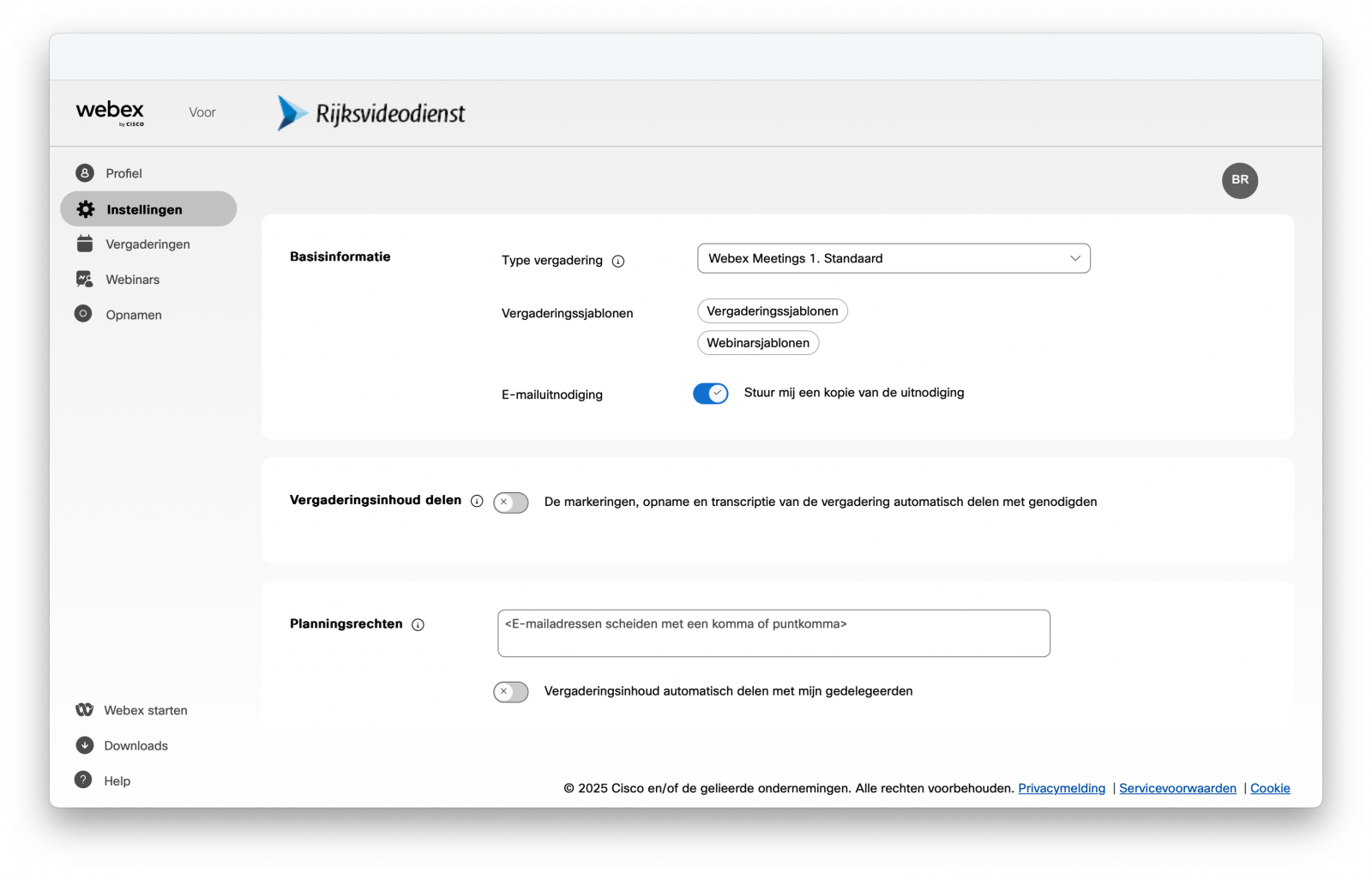 Screenshot van instellingen in plannen op website rijksvideodienst