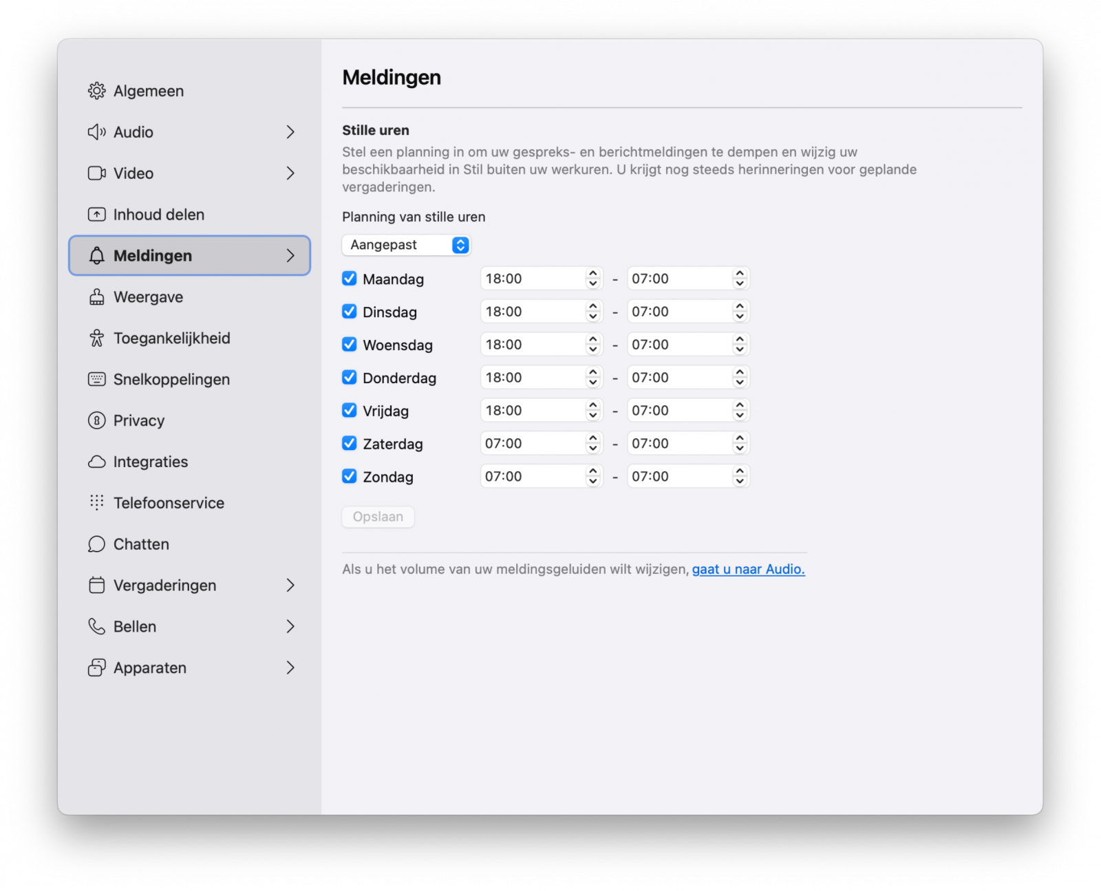 Screenshot van de instellingen voor meldingen in stille uren in de Webex App