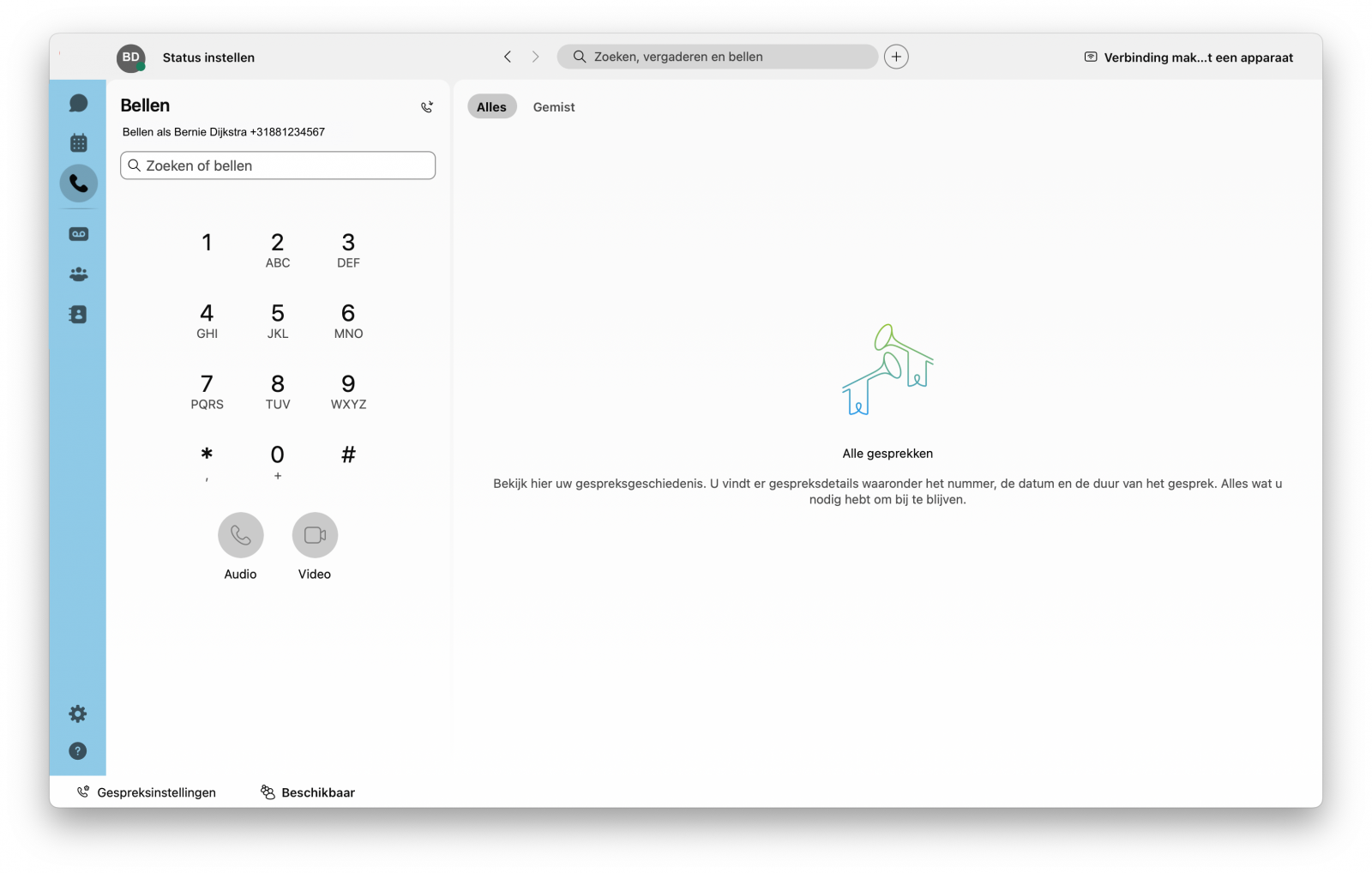 Screenshot van Webex app Calling functionaliteit geopend