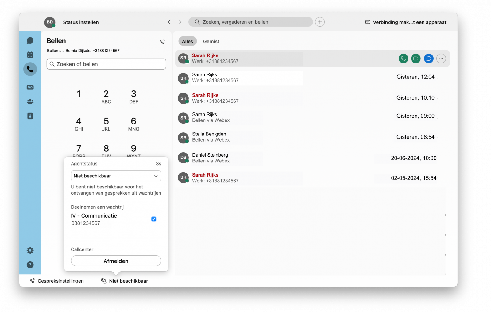 Screenshot van beschikbaarheid instellen voor wachtrij in Webex App