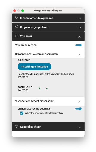 Screenshot van voicemail-instellingen in Webex App