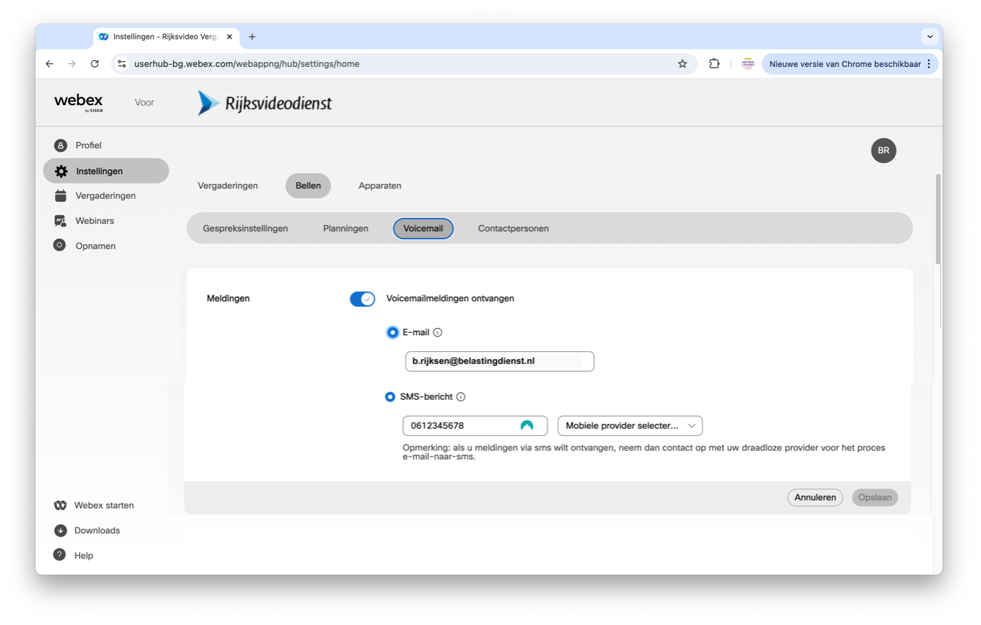 Screenshot van voicemailmeldingen instellingen in gebruikersportal Webex