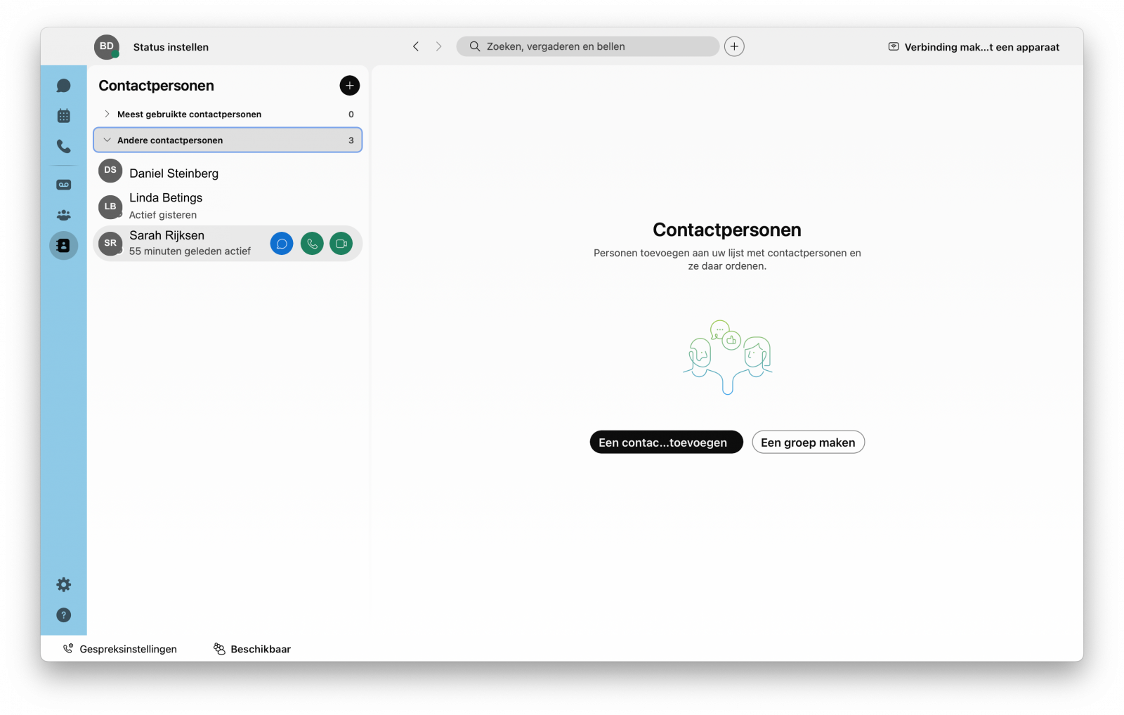 Screenshot van oproep starten via lijst met contactpersonen in de Webex App