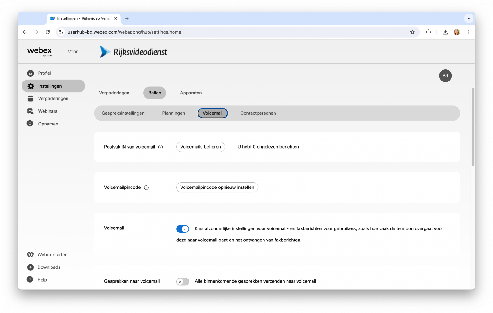 Screenshot van voicemail-instellingen in Webex-gebruikersportal