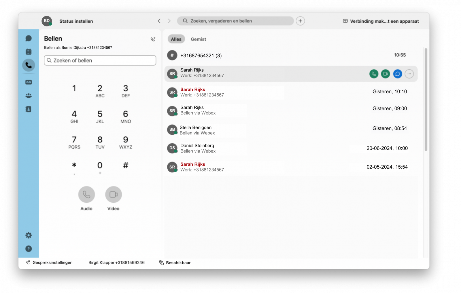 Screenshot van tabblad bellen in de Webex App