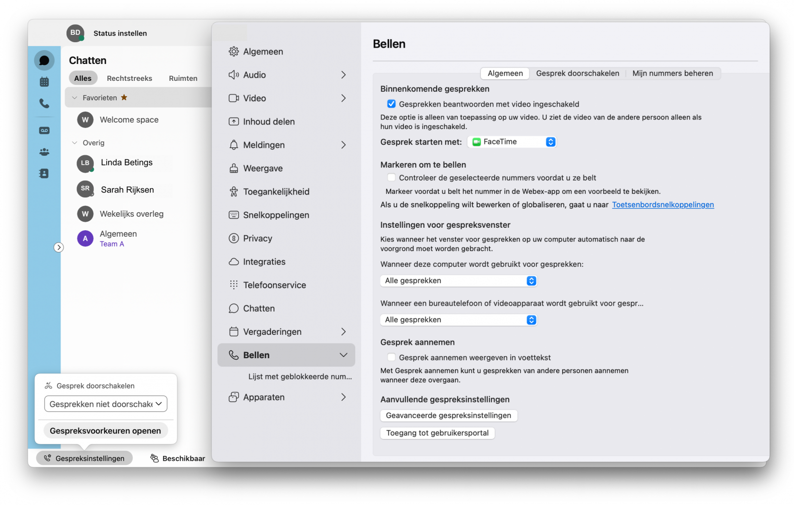 Screenshot van gespreksinstellingen in de Webex App