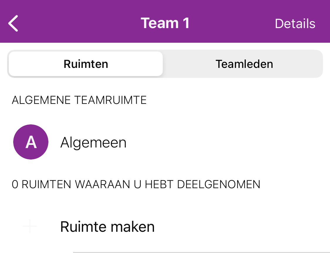 Screenshot van nieuw team in Webex-app via iPhone.