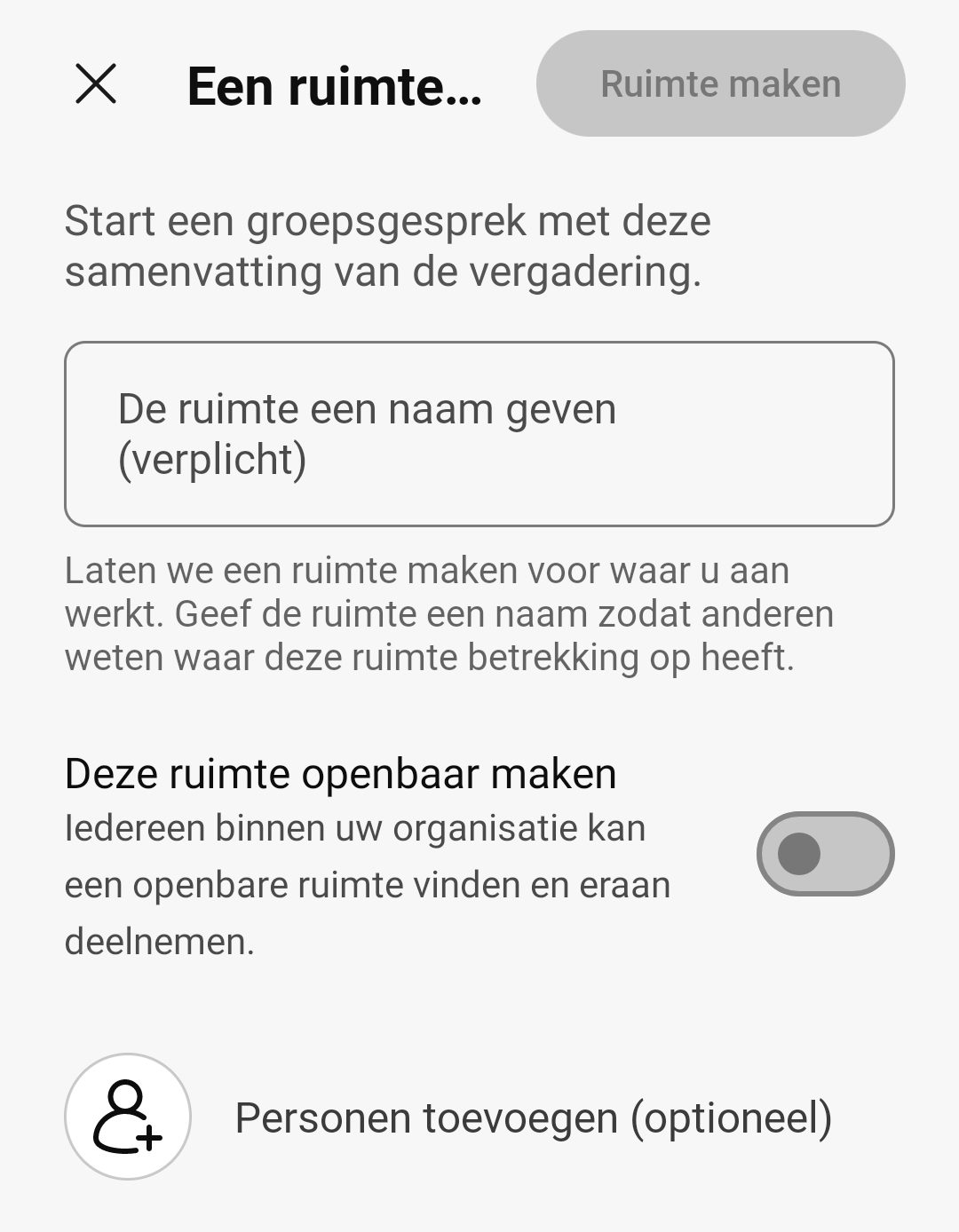 Screenshot van een ruimte aanmaken in Webex-app via Android