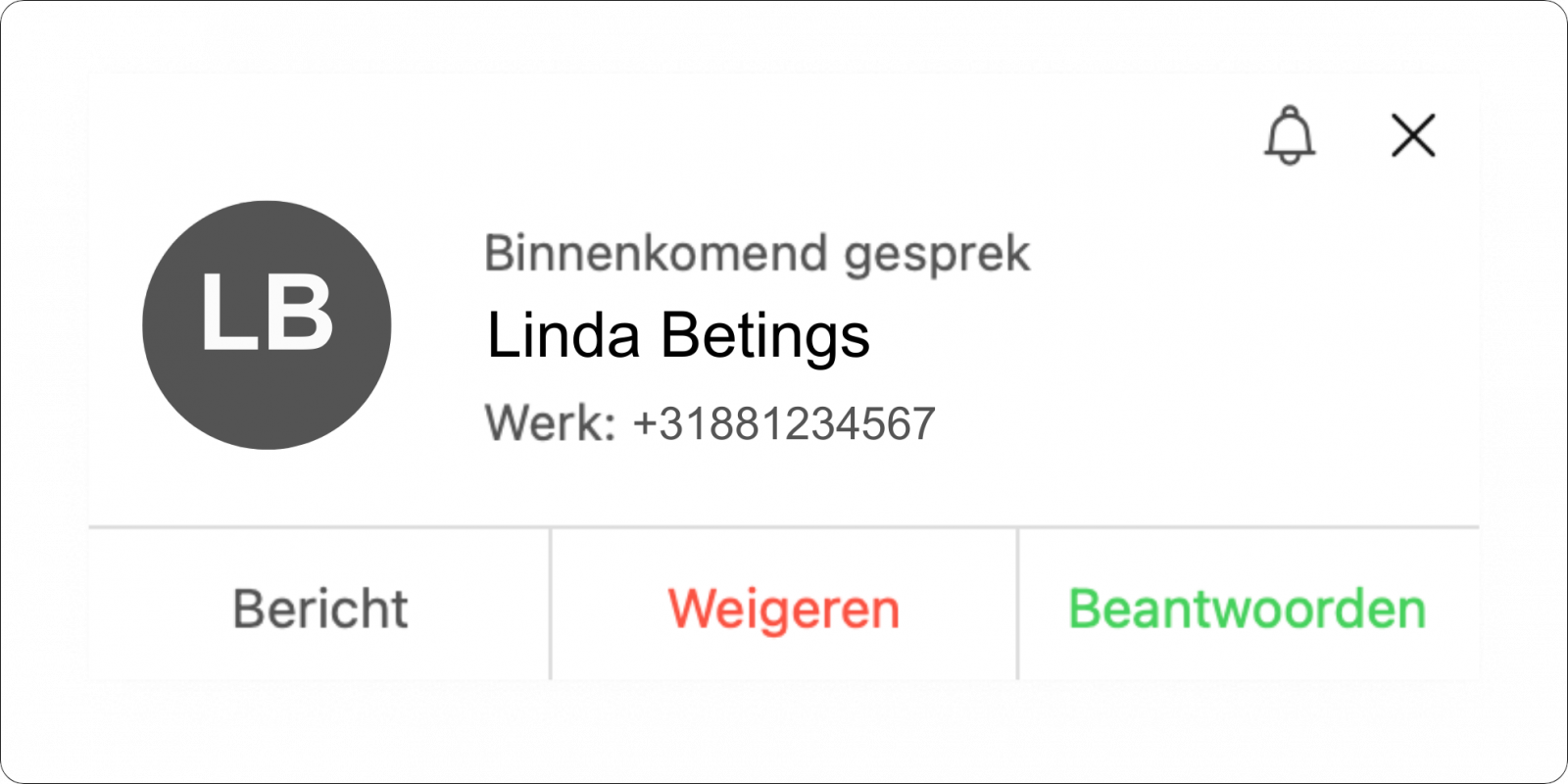 Screenshot van binnenkomende interne oproep in Webex App