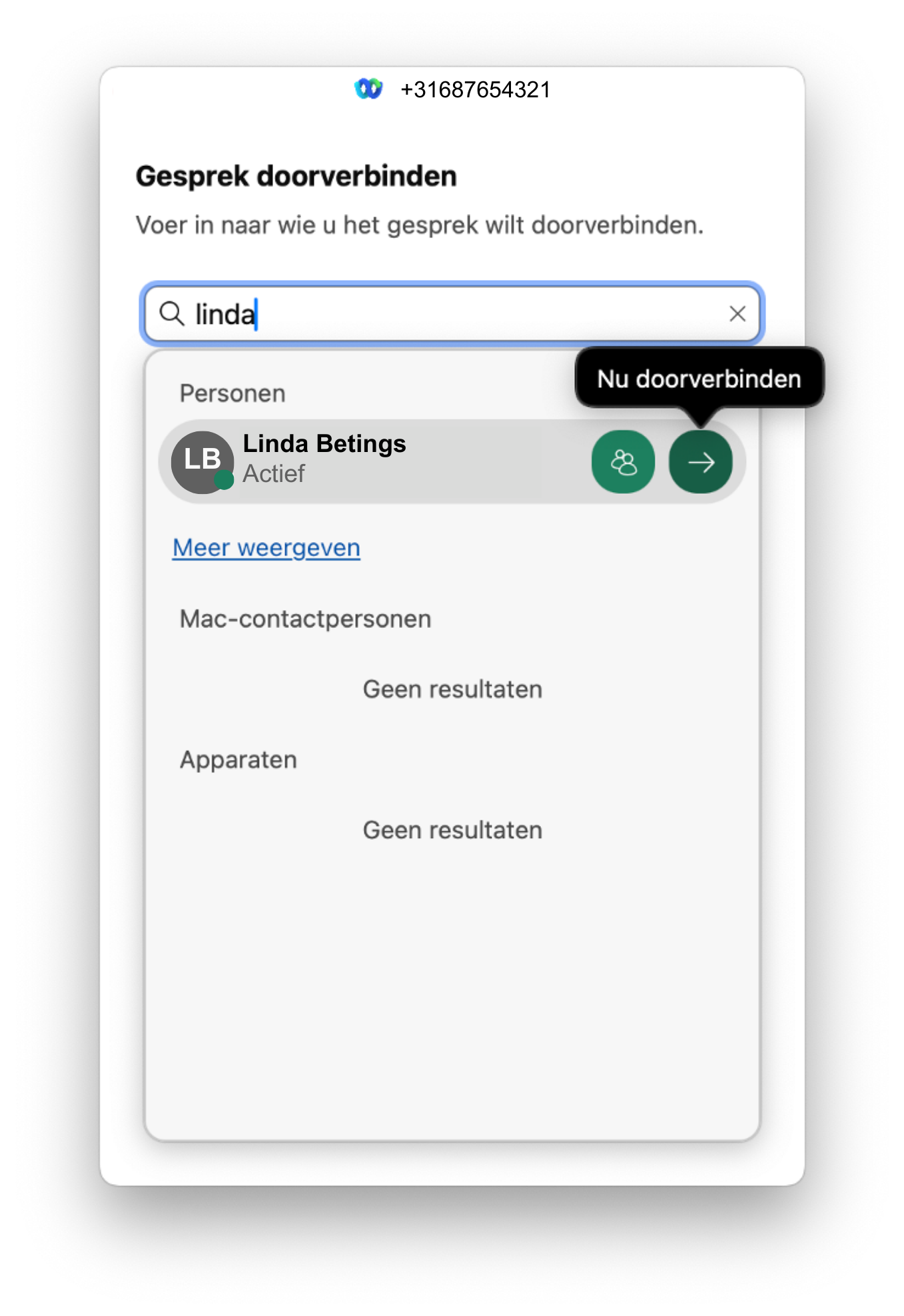 Screenshot van doorverbinden in Webex App