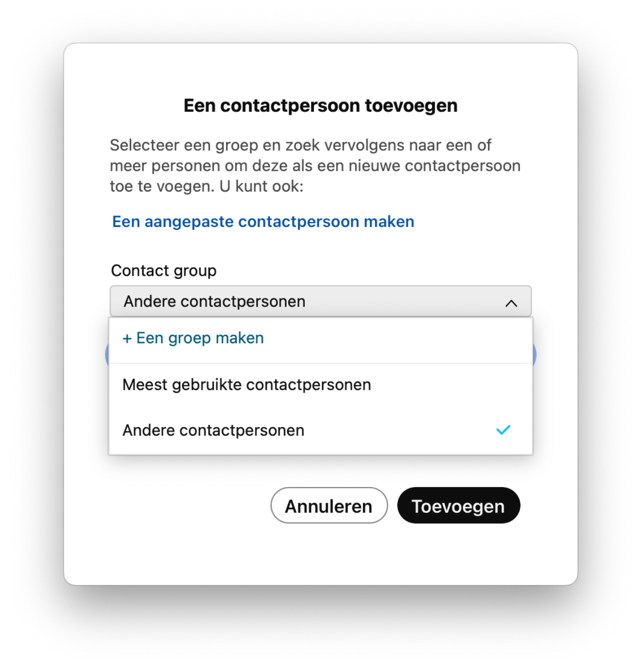 Screenshot van een contactpersoon toevoegen in de Webex App