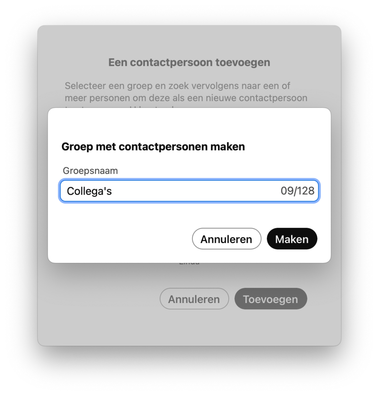 Screenshot van een contactpersoon toevoegen in de Webex App