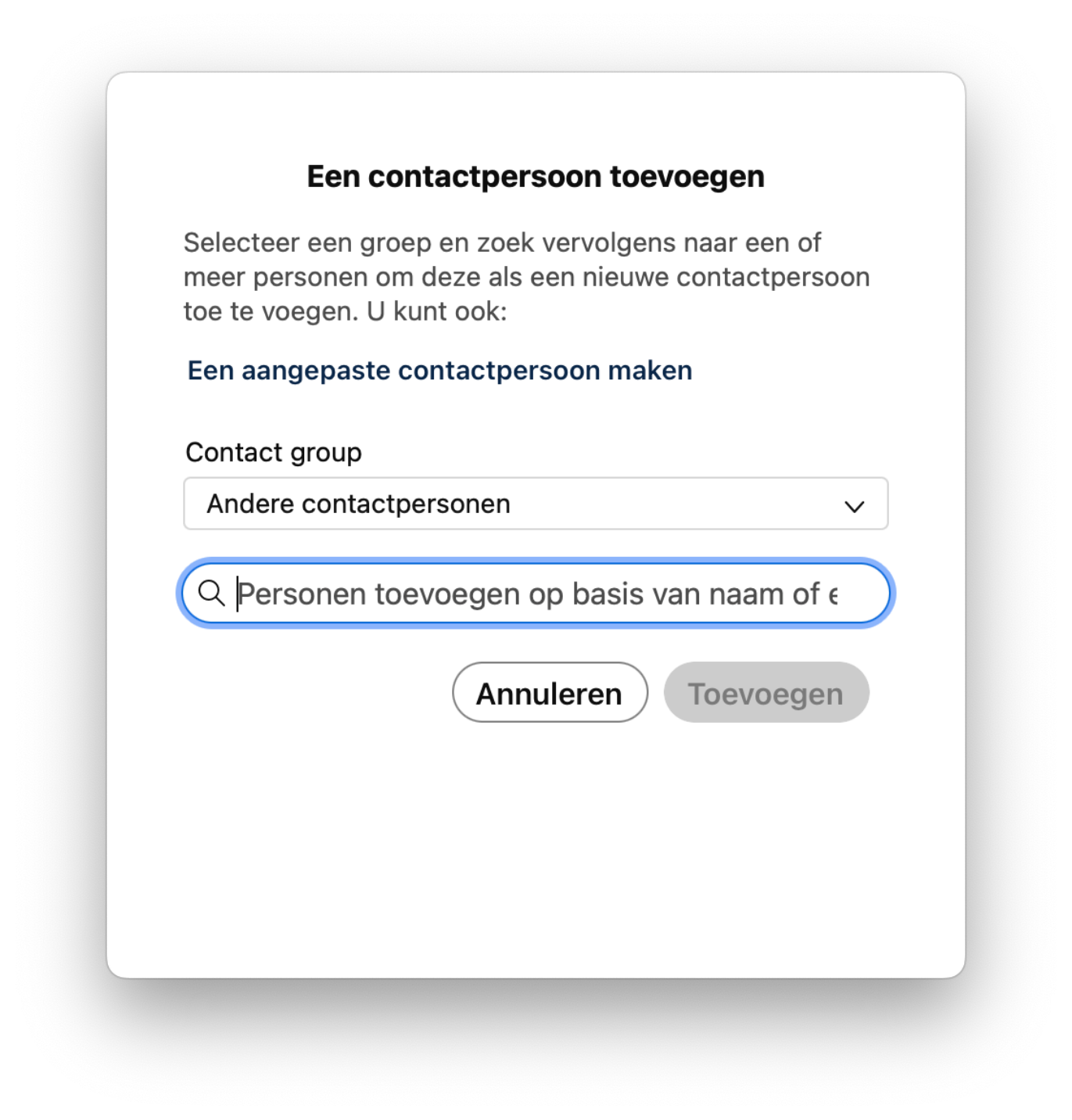 Screenshot van een aangepaste contactpersoon maken in de Webex App