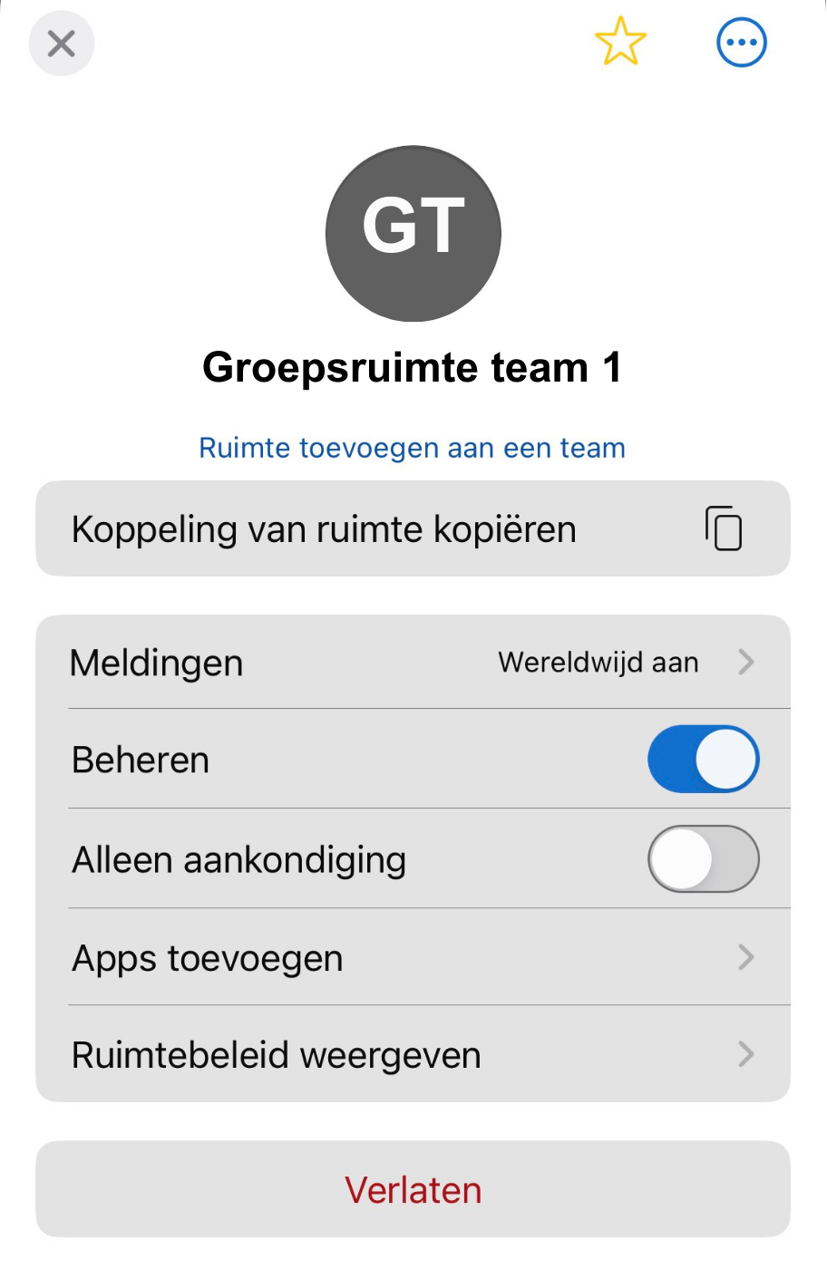 Screenshot van instellingen van een ruimte in de Webex-app op iPhone