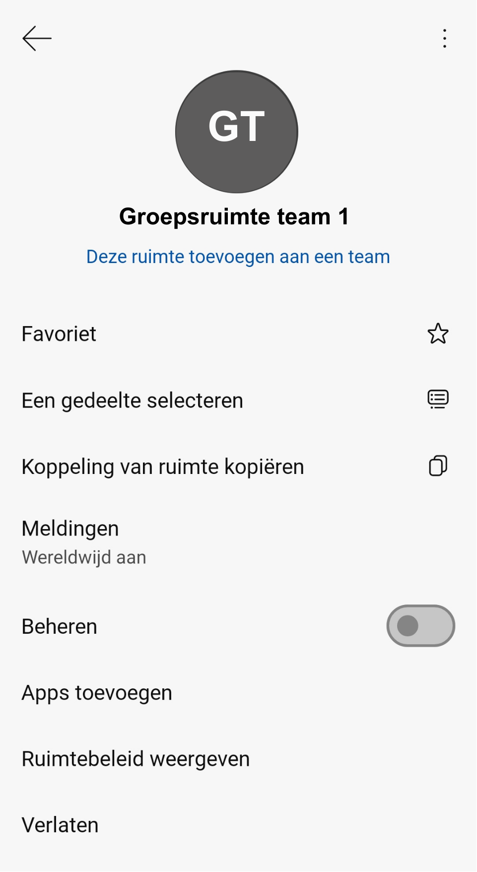 Screenshot van instellingen van een ruimte in de Webex-app op Android