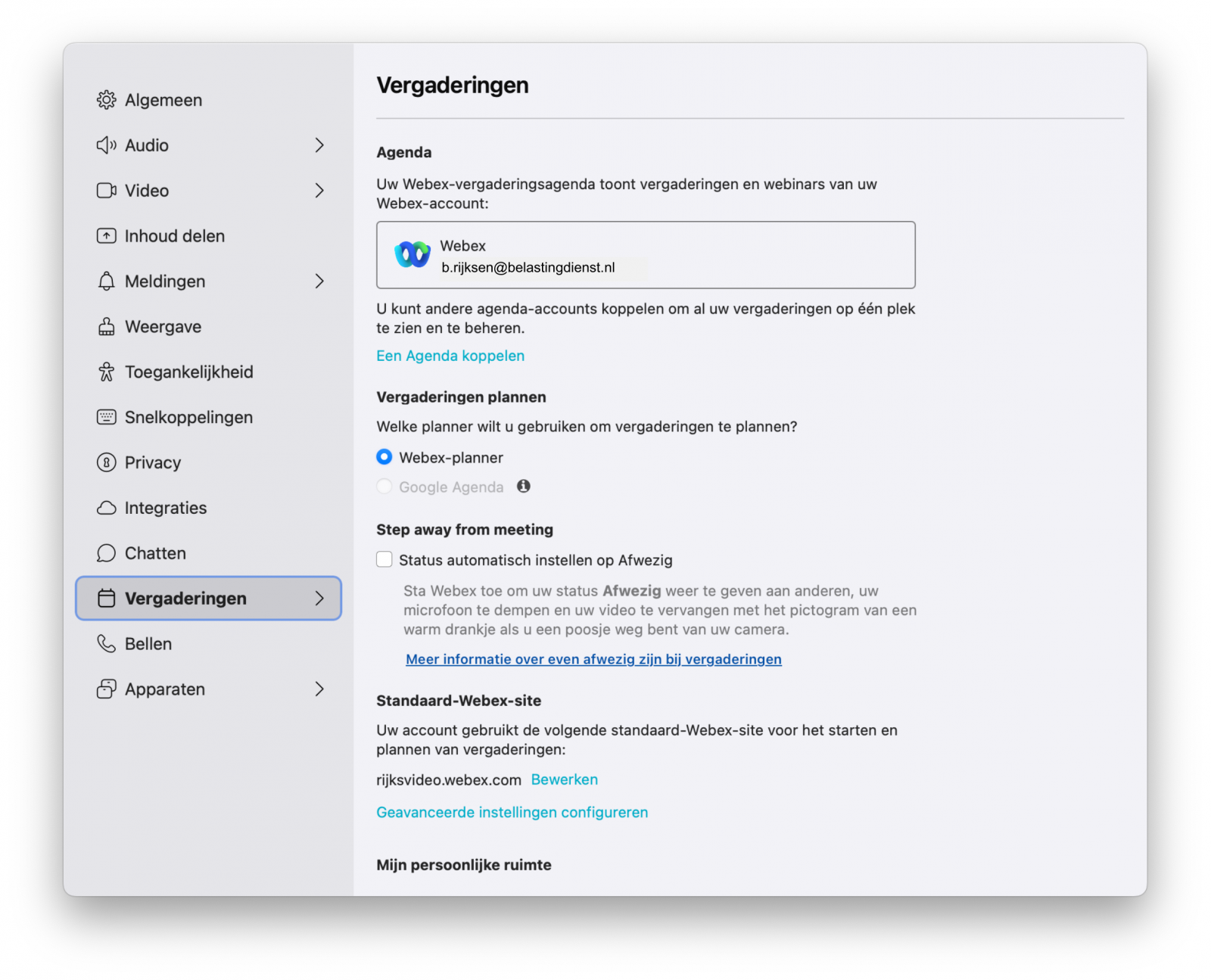 Screenshot vergadering-instelingen in Webex-app