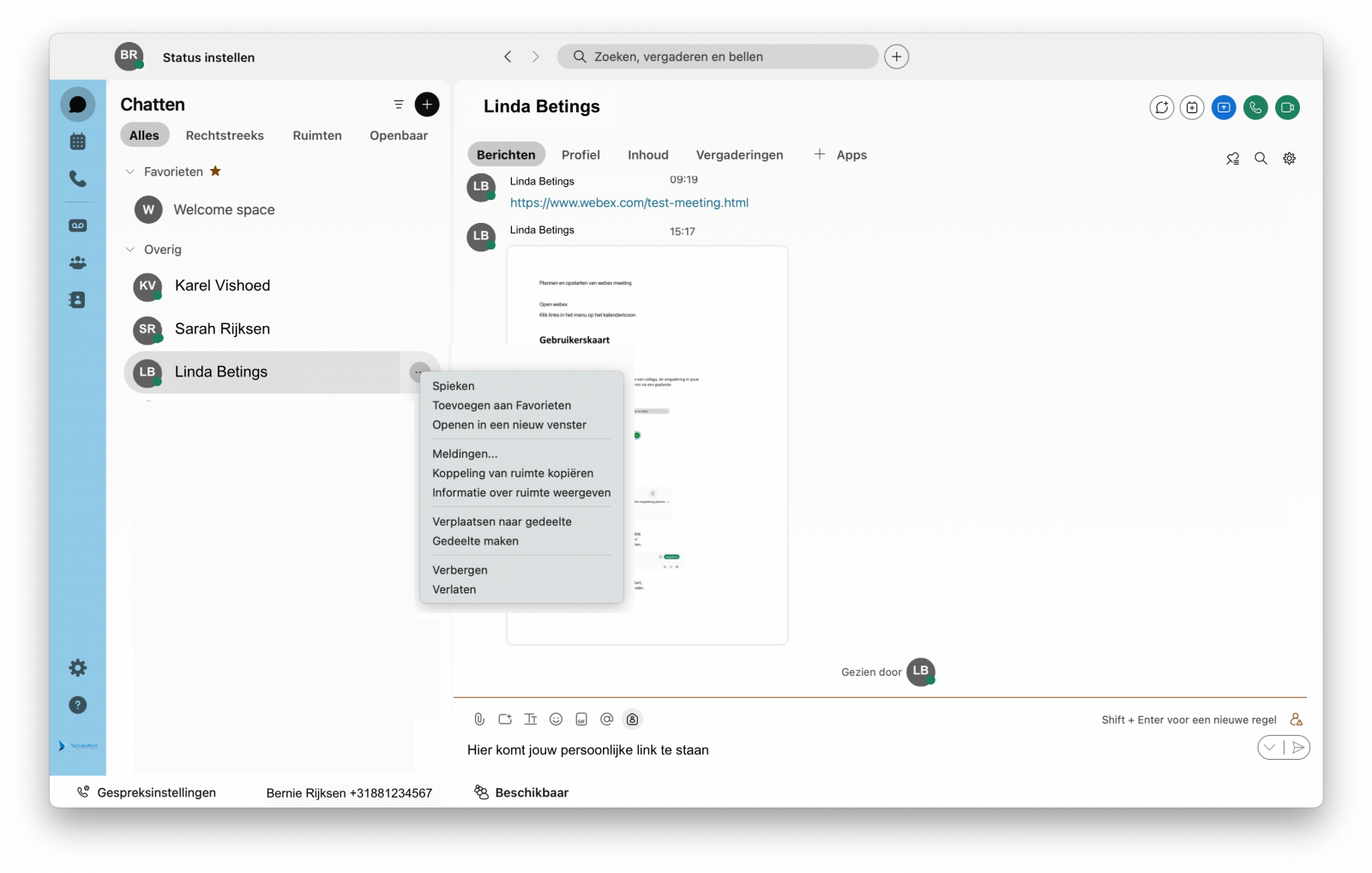 Screenshot van meer opties bij gesprek in de Webex-app