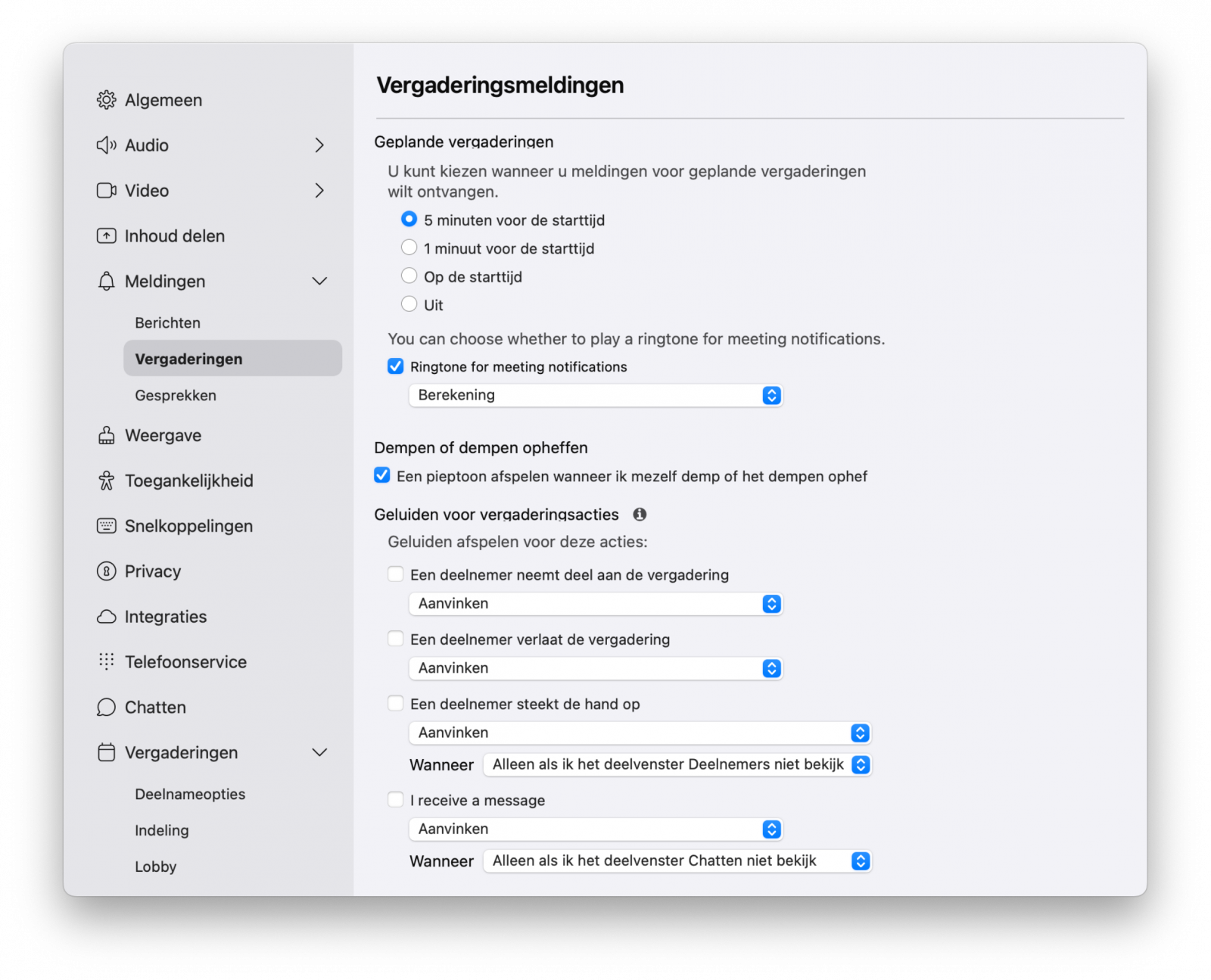 Screenshot van vergaderingsmeldingen in de Webex-app.