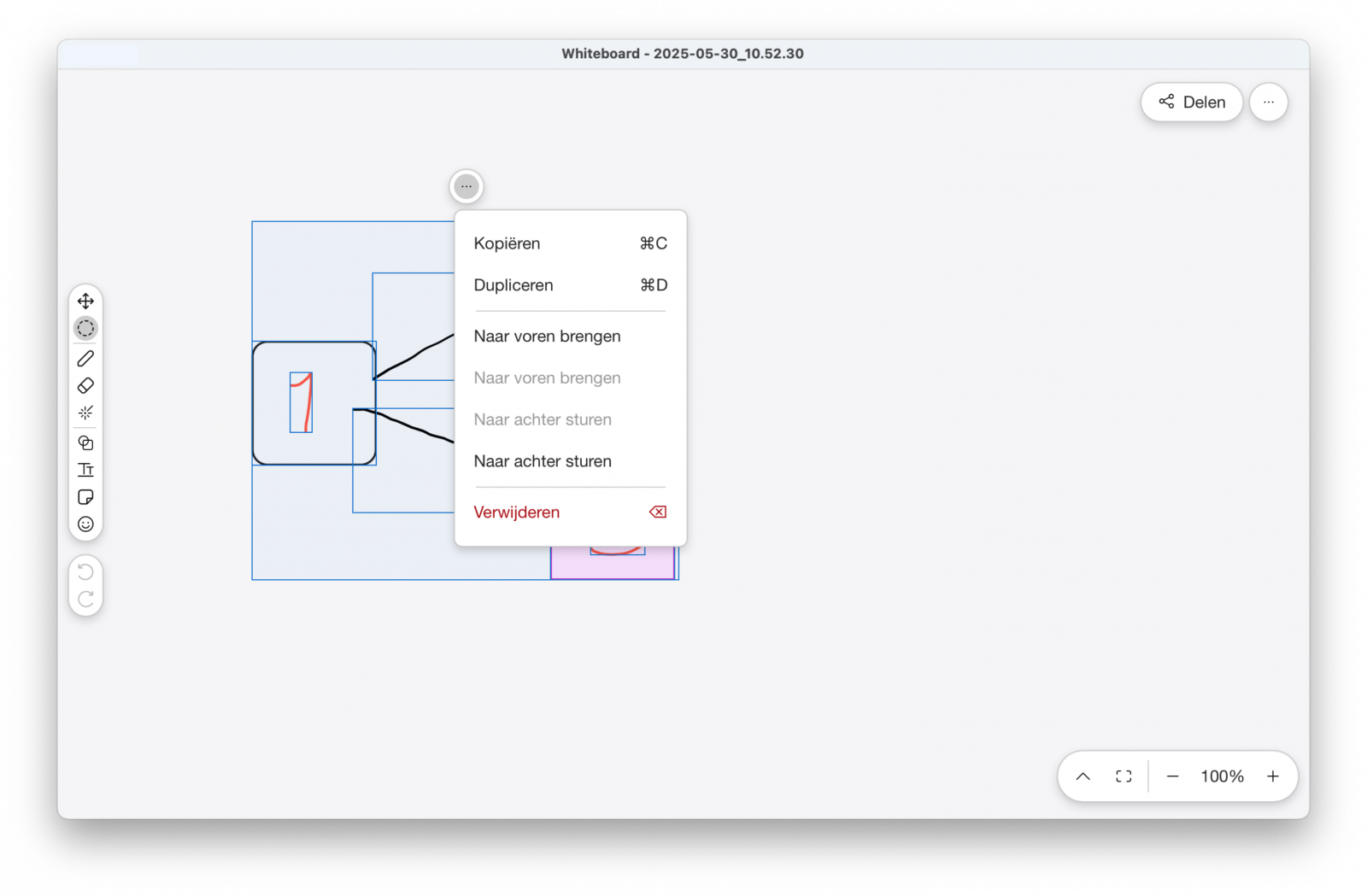Screenshot van whiteboard in de Webex-app meer opties bij objecten
