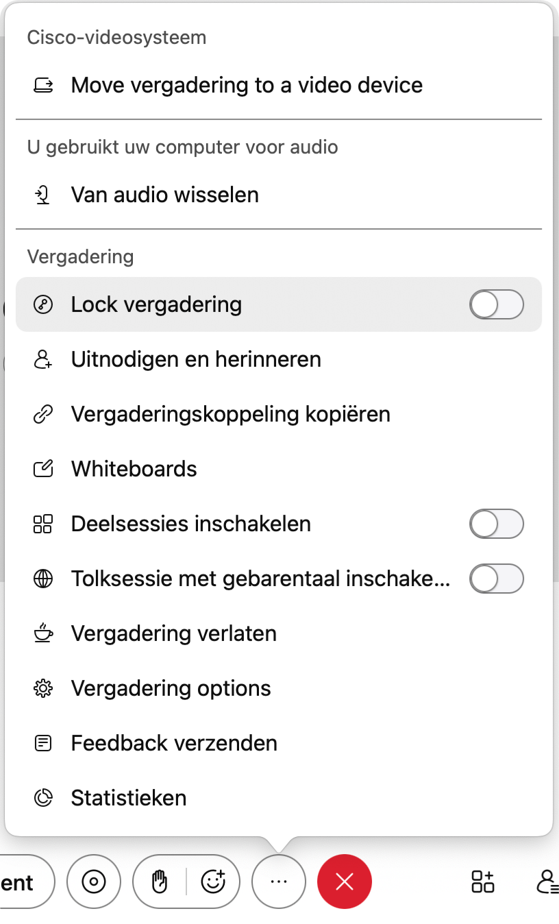 Screenshot van meer opties in videovergadering via Webex-app