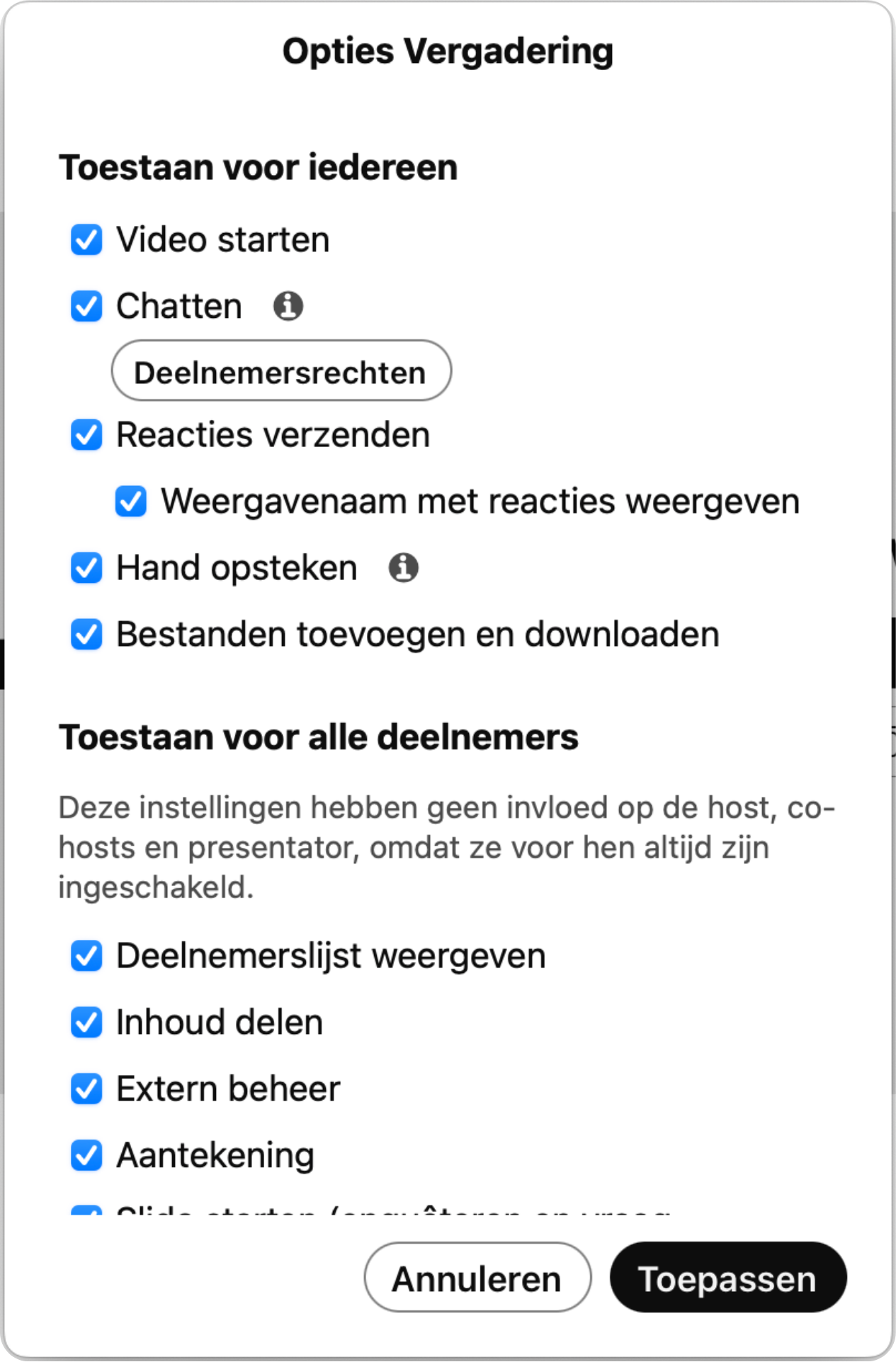 Screenshot van Vergaderopties in een videovergadering in Webex