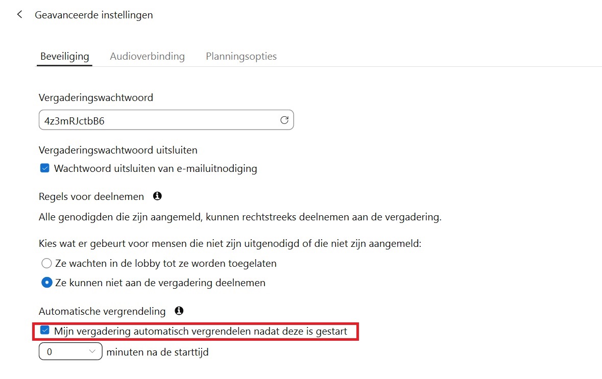 Screenshot van geavanceerde beveiligingsinstellingen bij het inplannen van een videovergadering via de Webex-app
