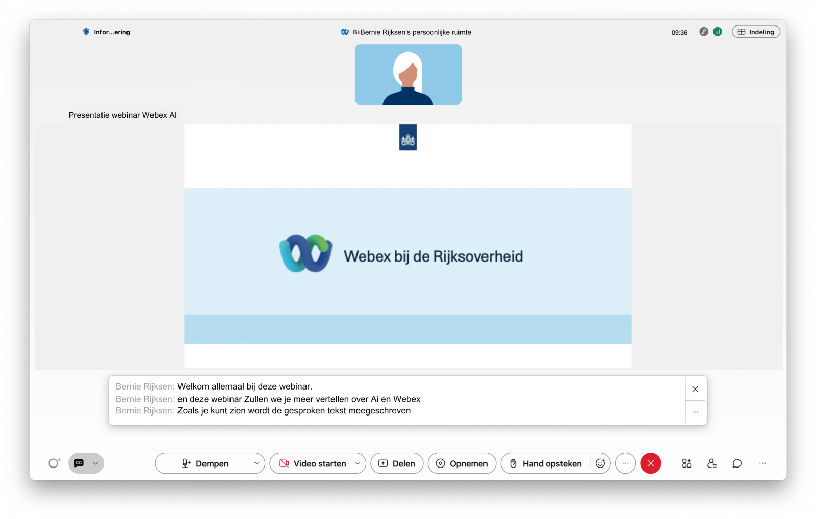 Screenshot van videovergadering in de Webex-app met ondertiteling ingeschakeld