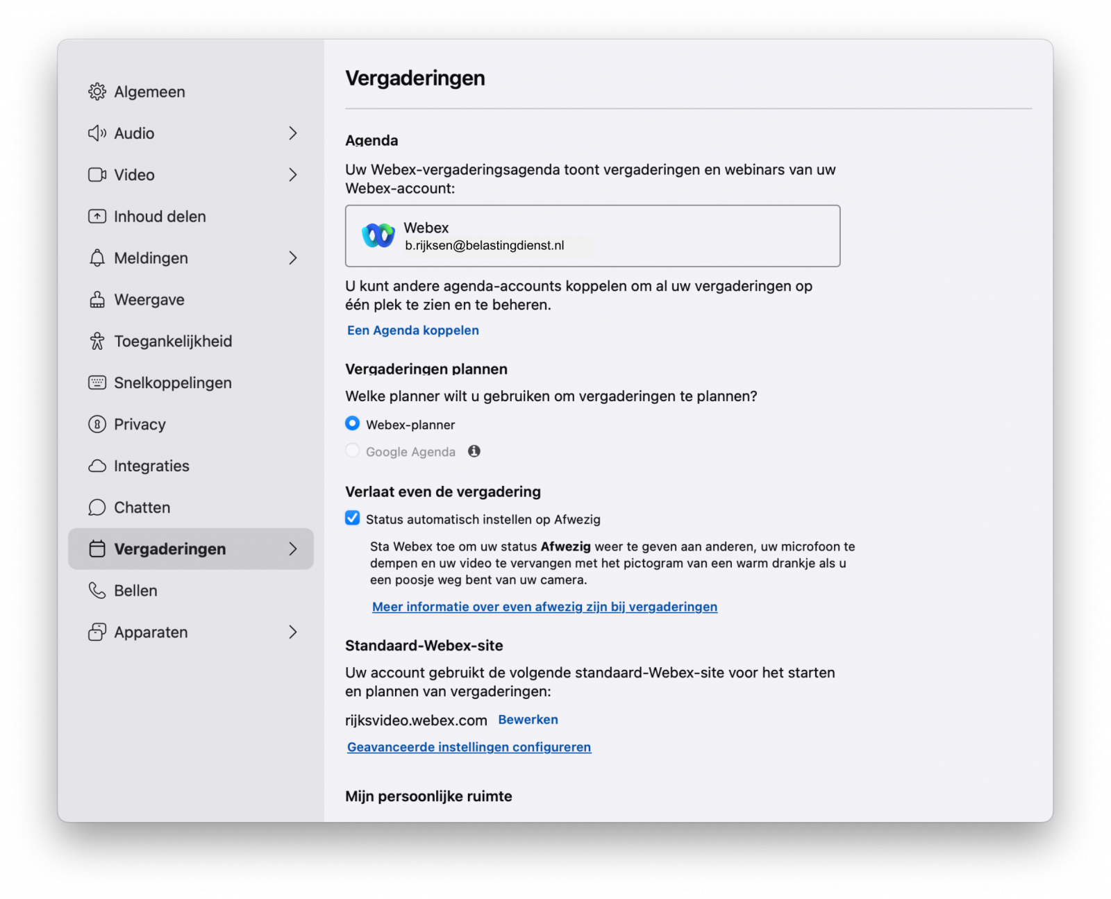 Screenshot van vergadering-instellingen in de Webex-app