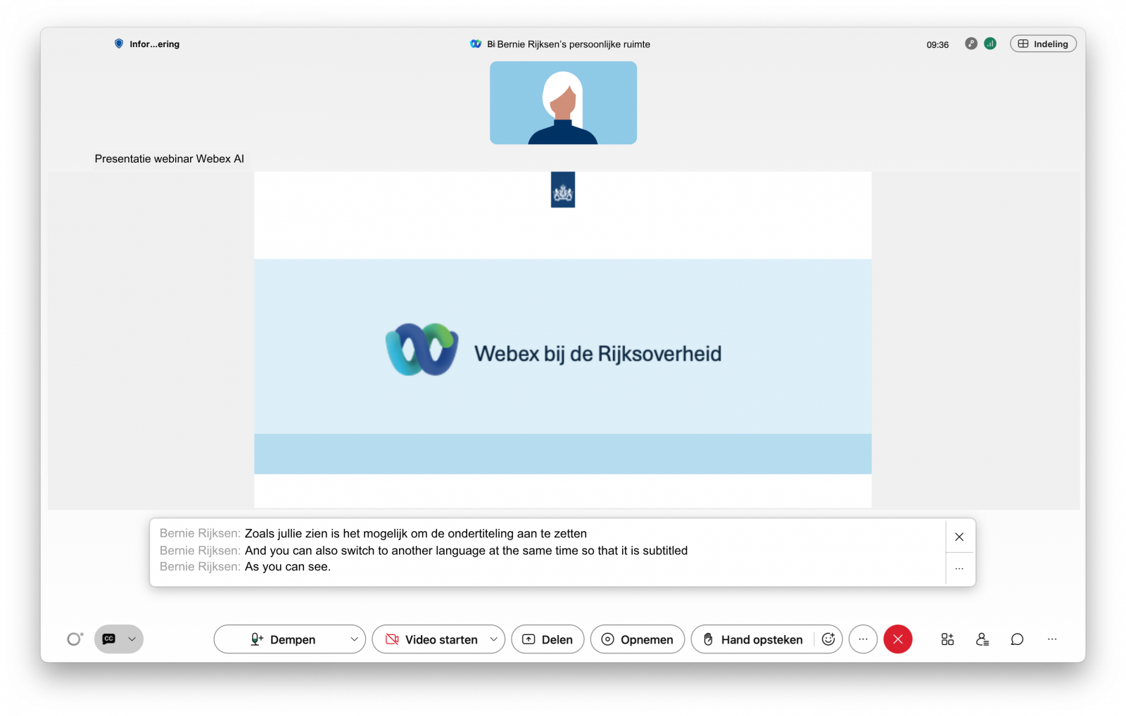 Screenshot van videovergadering in de Webex-app met vertaling ingeschakeld