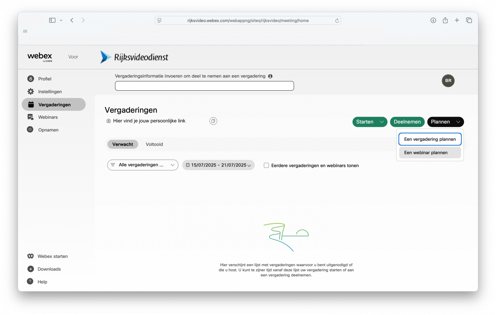 Screenshot van webinar inplannen via de userhub via tab vergaderingen