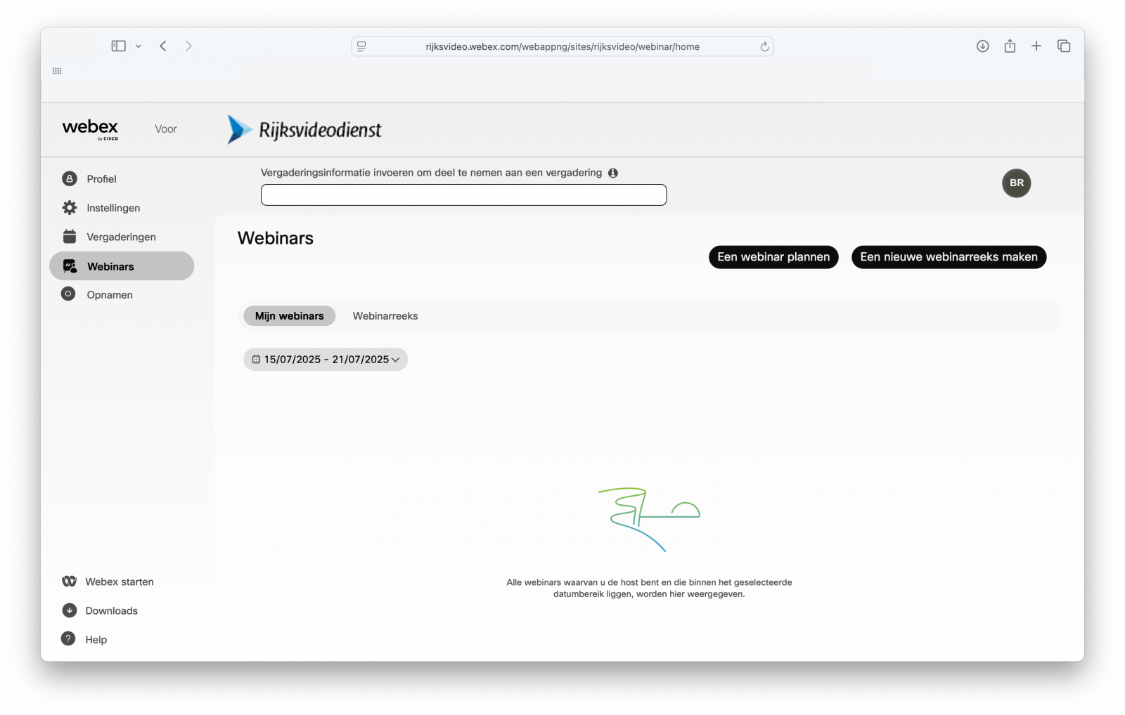 Screenshot van webinar inplannen via de userhub via tab webinars