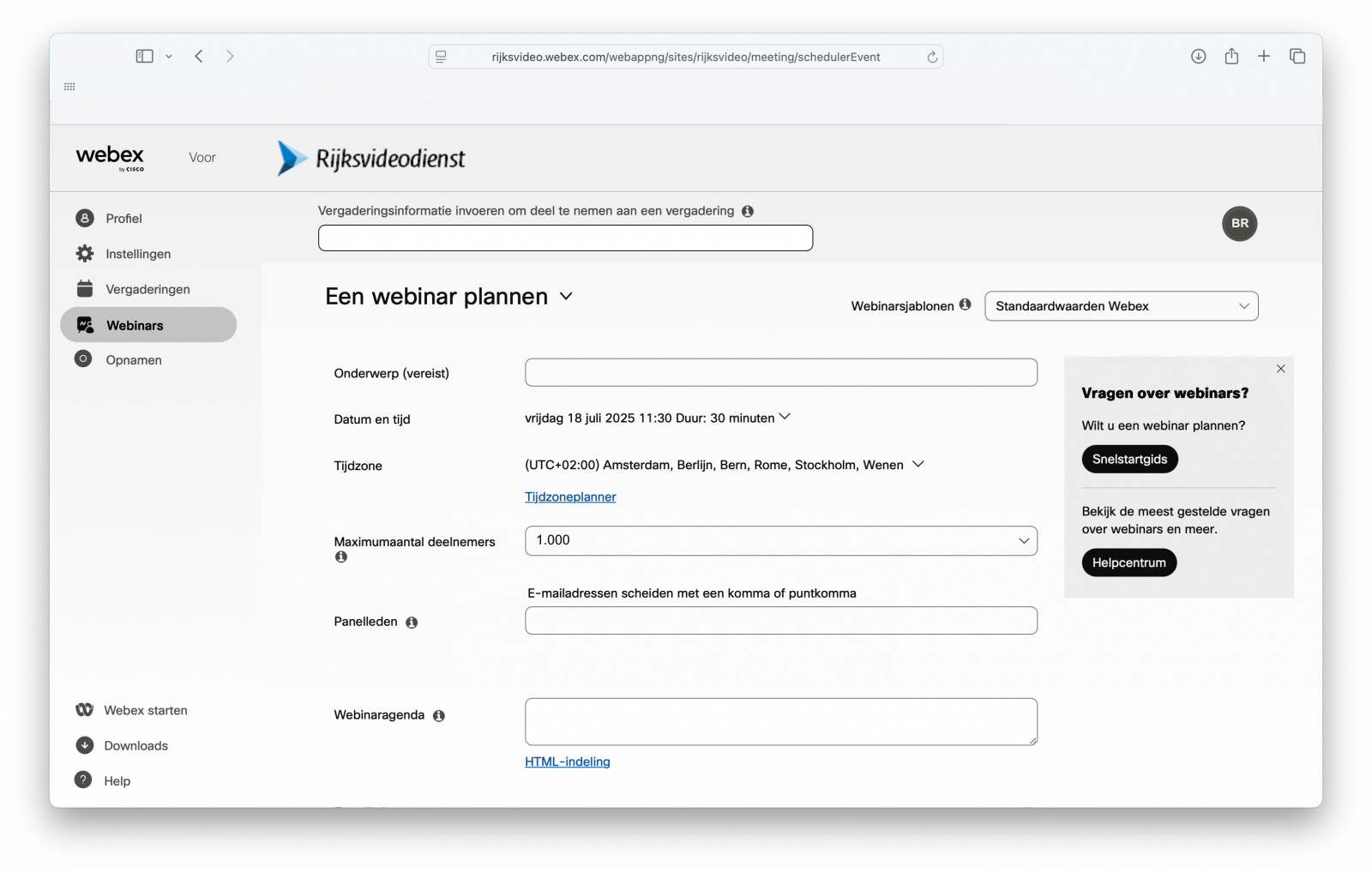 Screenshot van algemene gegevens bij het inplannen van een webinar.