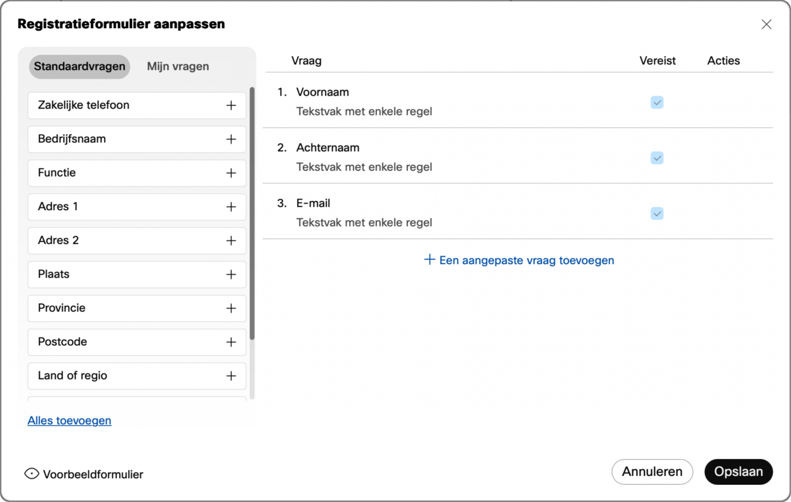 Screenshot van registratieformulier samenstellen voor een webinarreeks