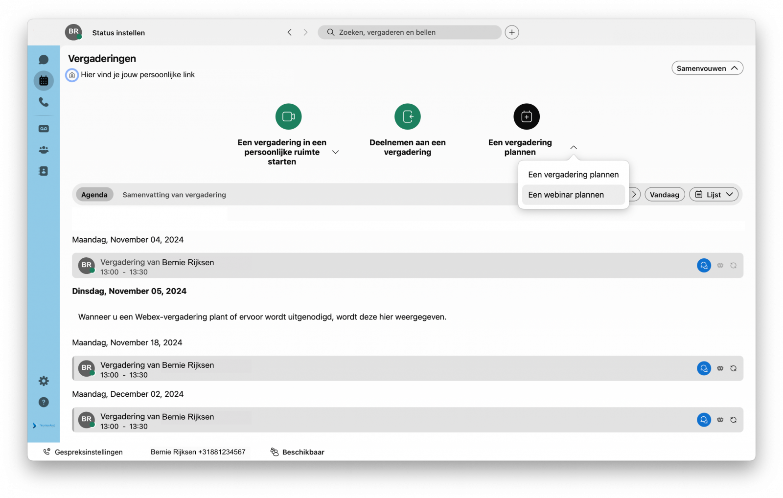 Screenshot van een webinar plannen via de Webex-app