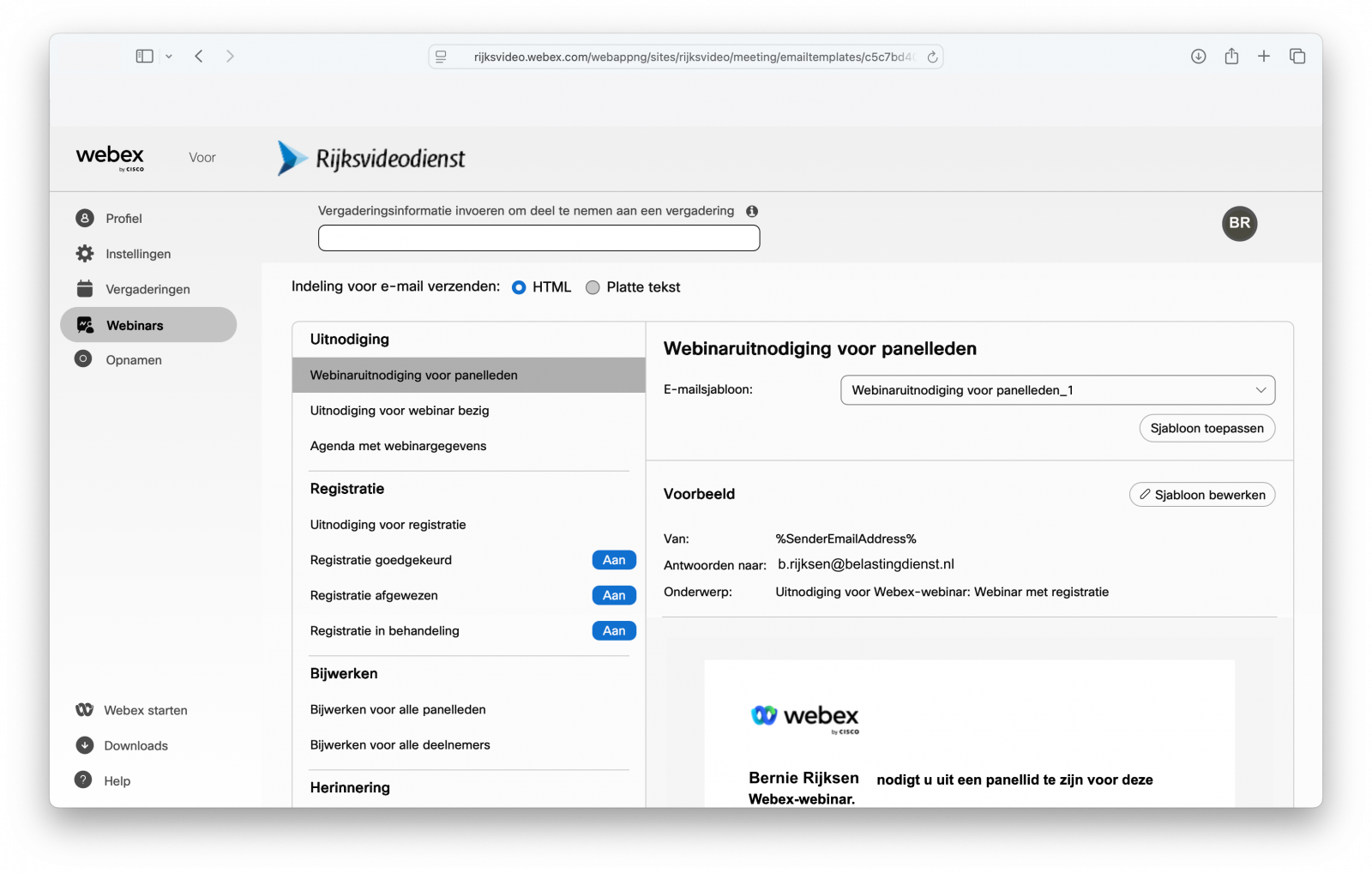 Screenshot van aanpassen e-mailsjabloon na aanmaken webinar in Webex