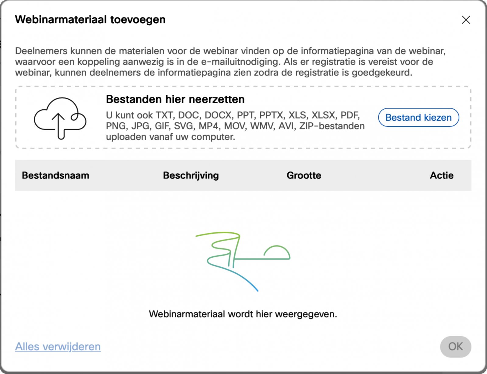 Screenshot van pop-upvenster bij toevoegen webinarmateriaal in Webex