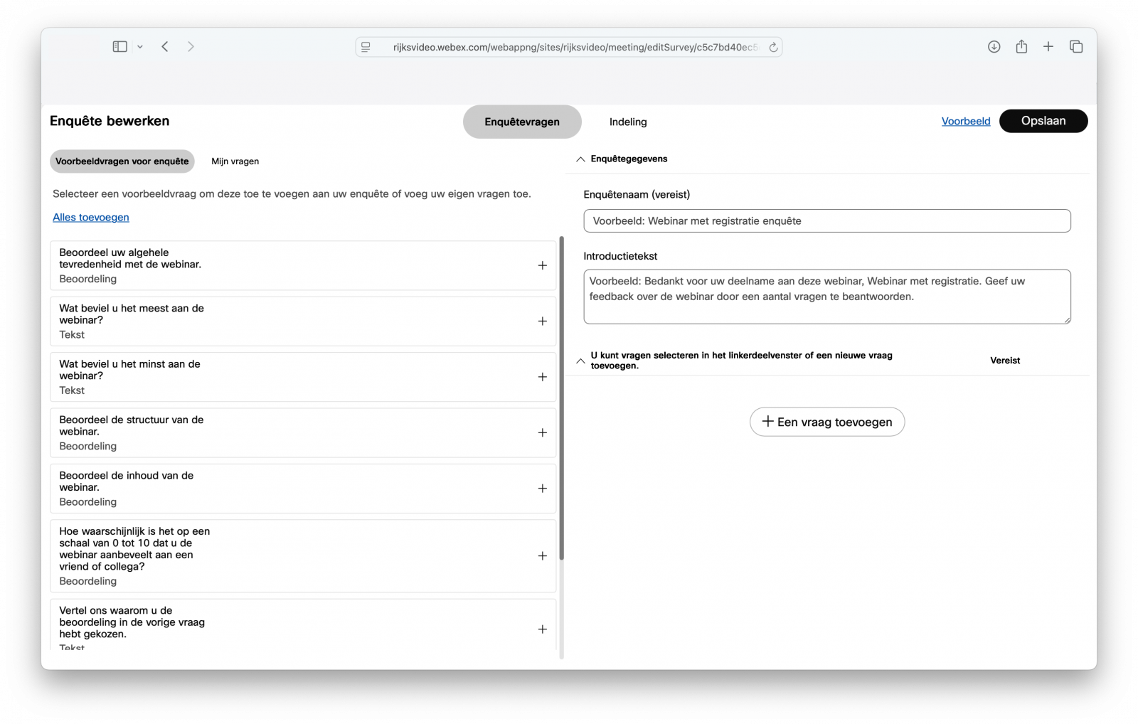 Screenshot van toevoegen enquête na afloop van de webinar in Webex