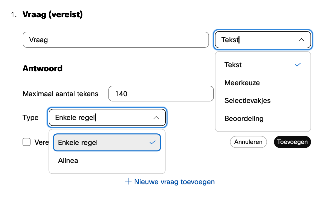 Screenshot van vraag toevoegen aan enquête na afloop van de webinar in Webex
