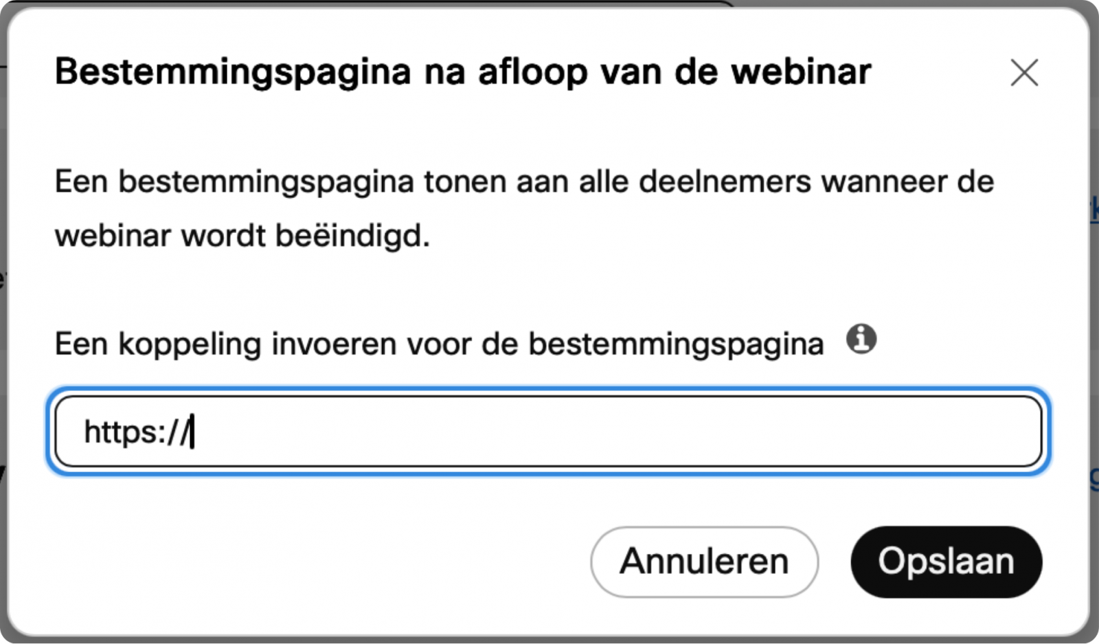 Screenshot van invoeren bestemmingspagina na afloop van de webinar in Webex