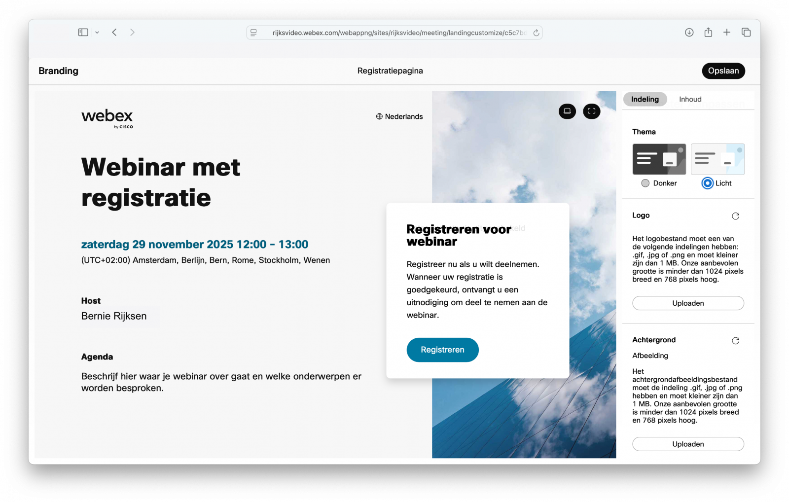 Screenshot van aanpassen registratiepagina webinar