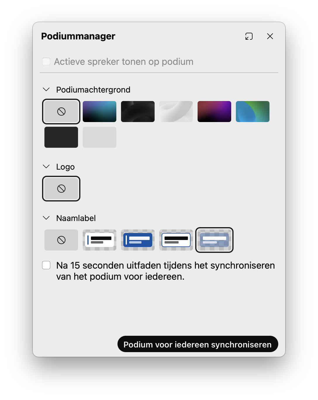 Screenshot van podiummanager in Webex Webinars