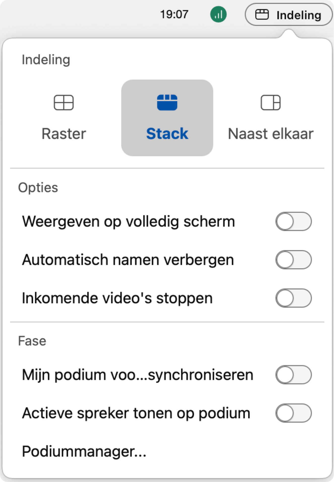 Screenshot indeling-opties Webex Webinars voor hosts