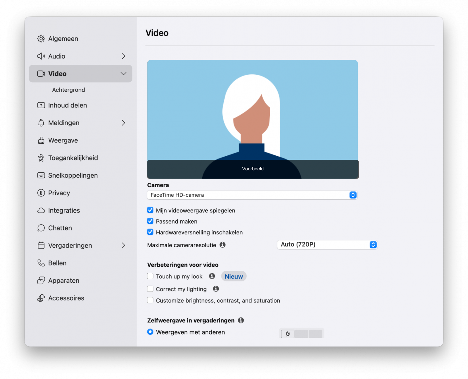Screenshot van de video-instellingen in de Webex-app