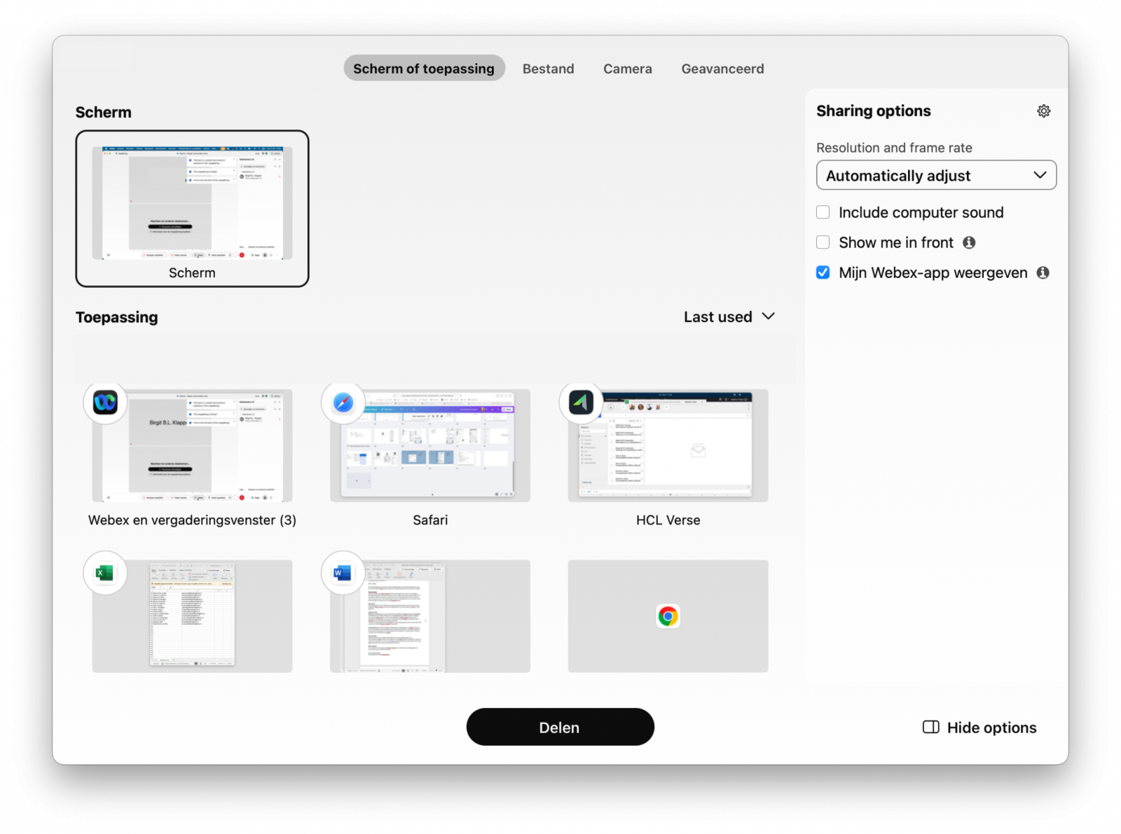 Screenshot van deelvenster delen tijdens een videovergadering in Webex