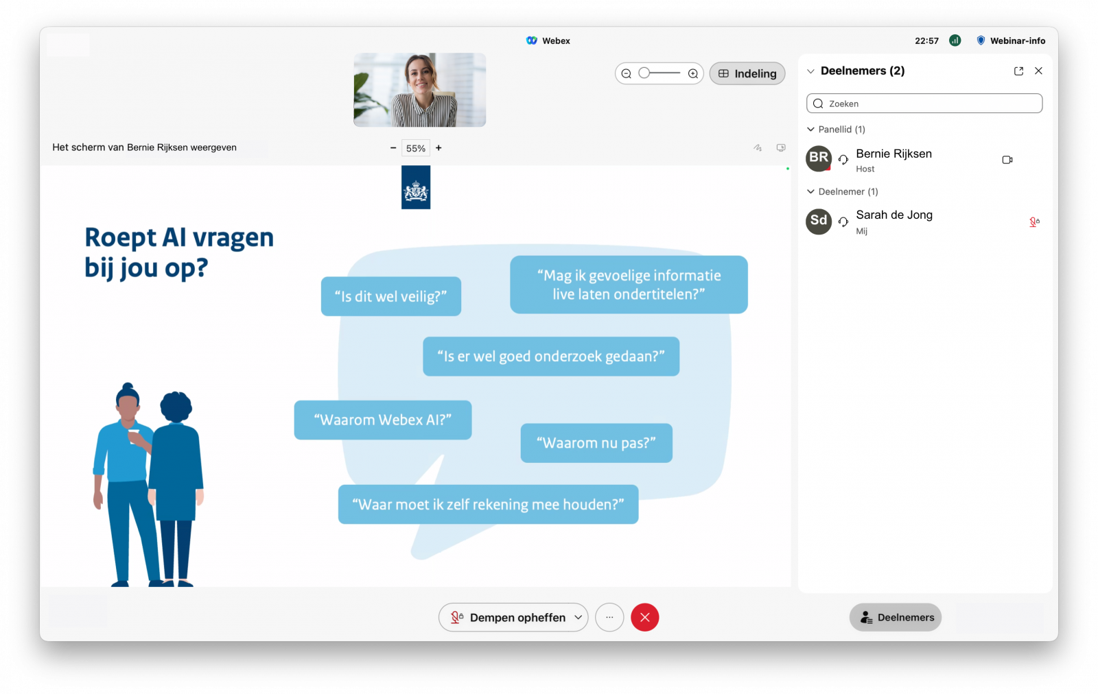 Screenshot van scherm tijdens webinar in Webex van een deelnemer