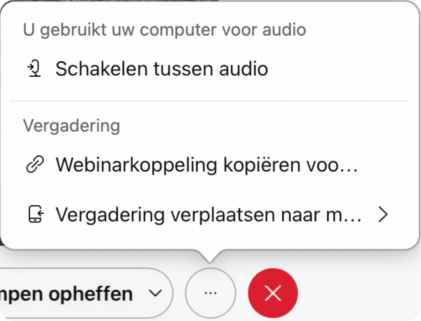 Screenshot van meer opties in menubalk als deelnemer