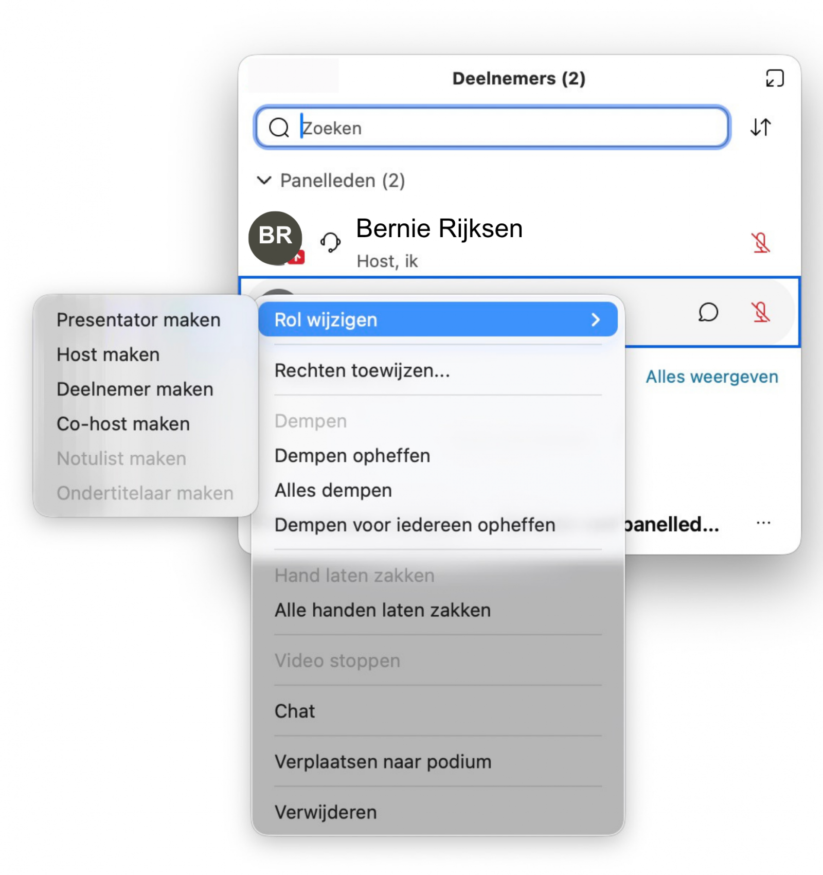 Screenshot van rol wijzigen via deelnemersvenster in Webex Webinars