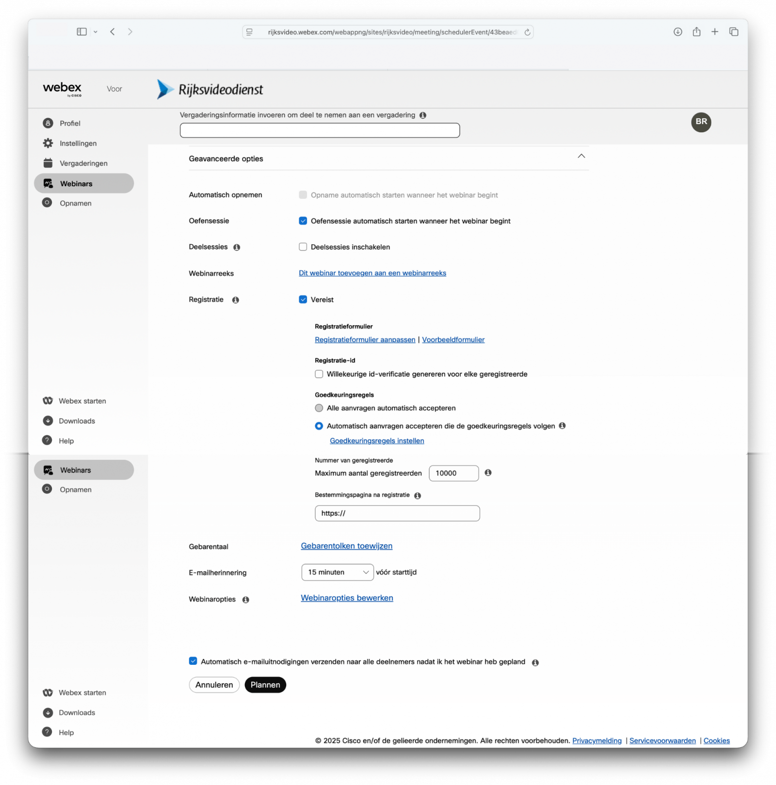 Screenshot van opties bij inplannen webinar in Webex gebruikersportaal