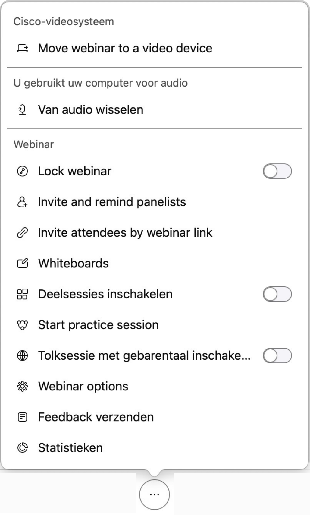 Screenshot van meer opties tijdens Webex Webinar